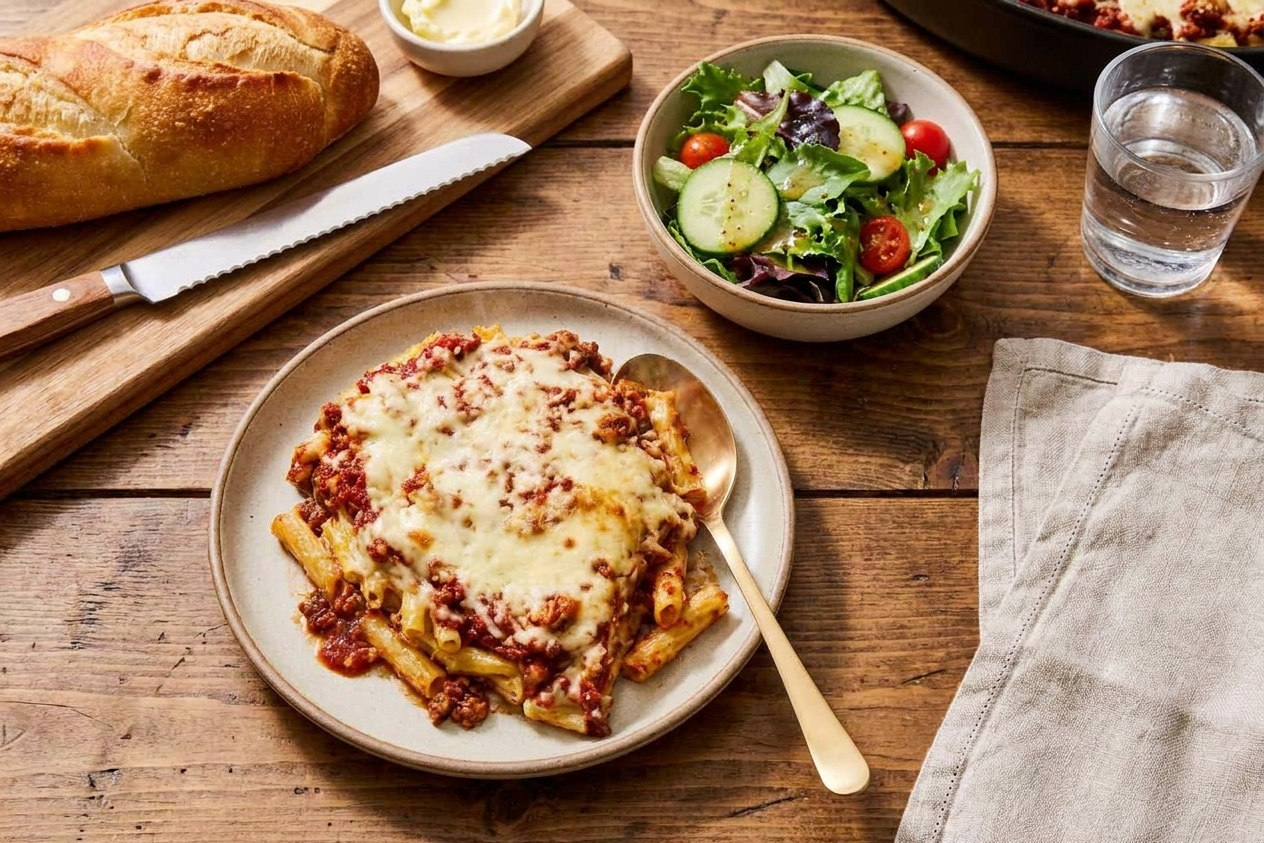 A plated serving of baked ziti on a dinner table with a simple green salad and a loaf of crusty bread