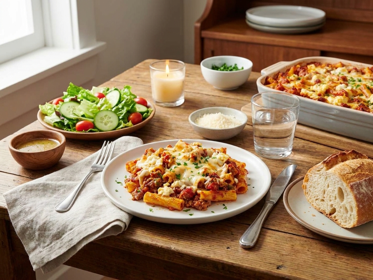A plated serving of baked ziti with a simple green salad and bread on a dinner table set for a cozy meal