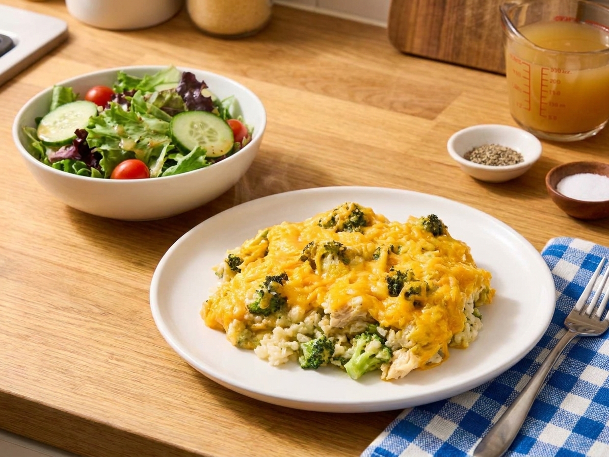 A plated serving of broccoli rice casserole with chicken on a white plate next to a simple green salad on a wooden table
