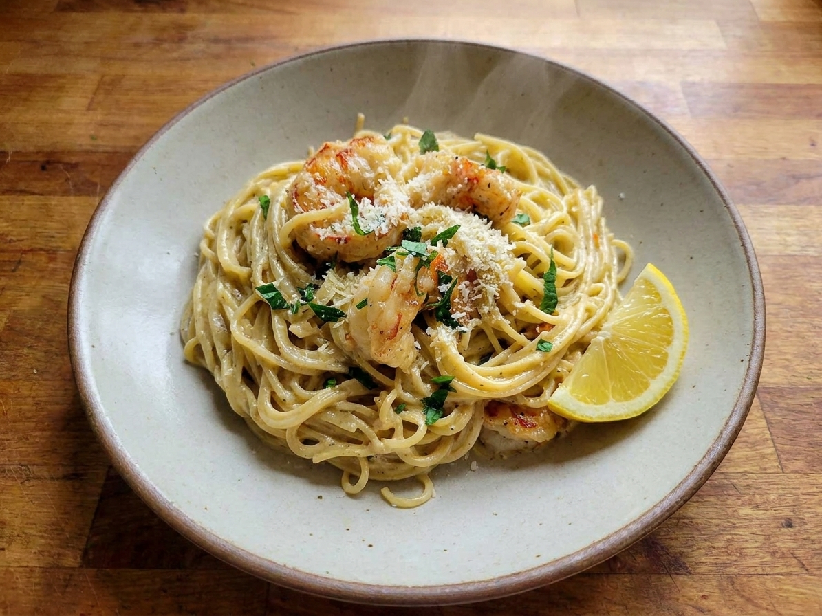 A plated serving of creamy shrimp pasta topped with grated Parmesan and chopped parsley, with a lemon wedge on the side