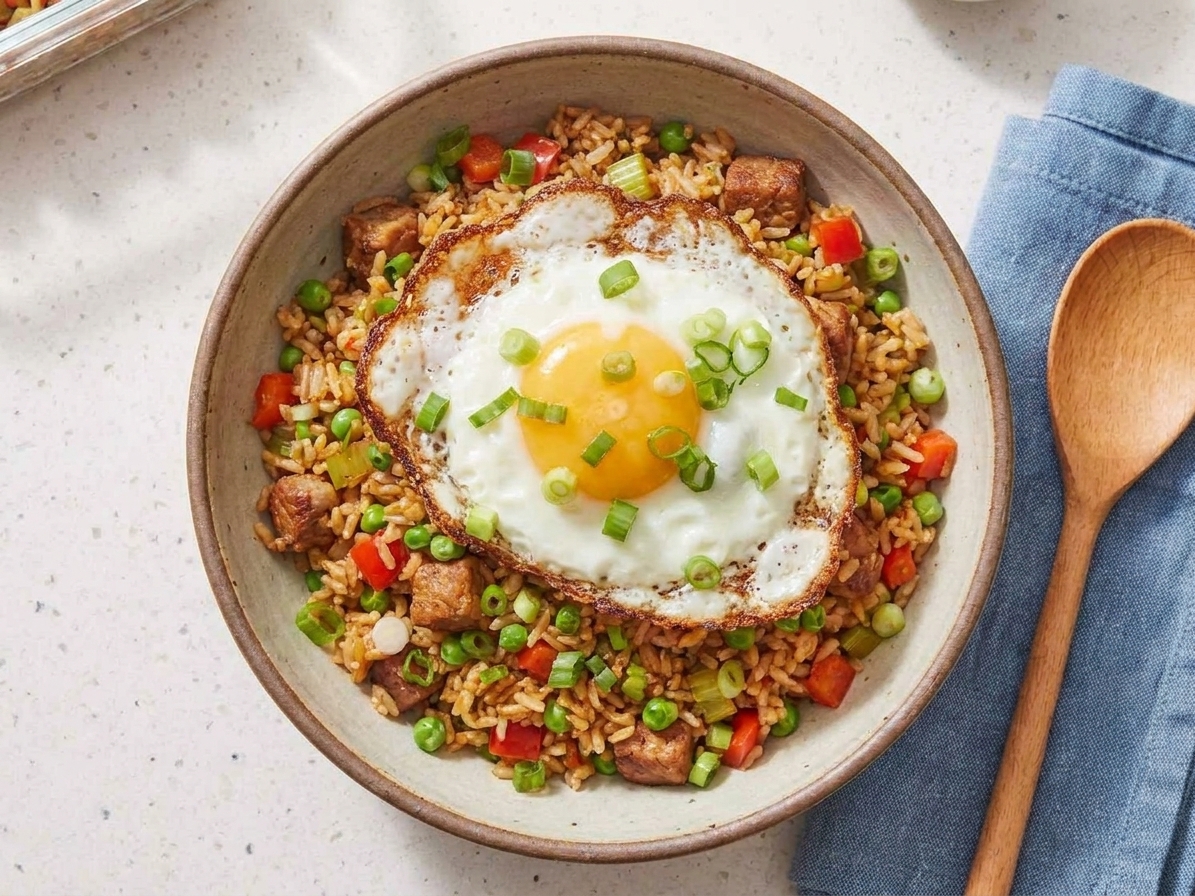 A plated serving of fried rice topped with a crispy-edged fried egg and scattered scallions