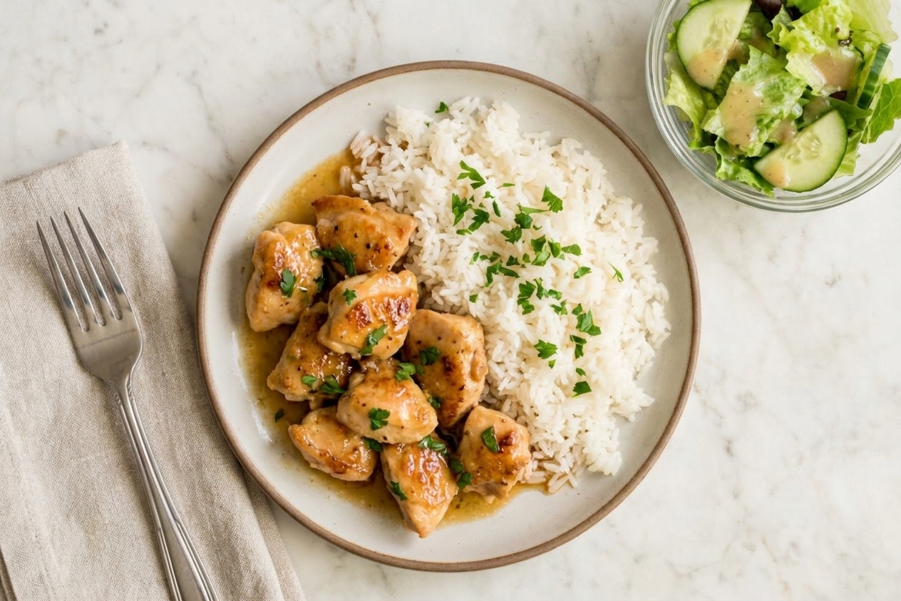 A plated serving of garlic butter chicken and rice with a simple green salad on the side.
