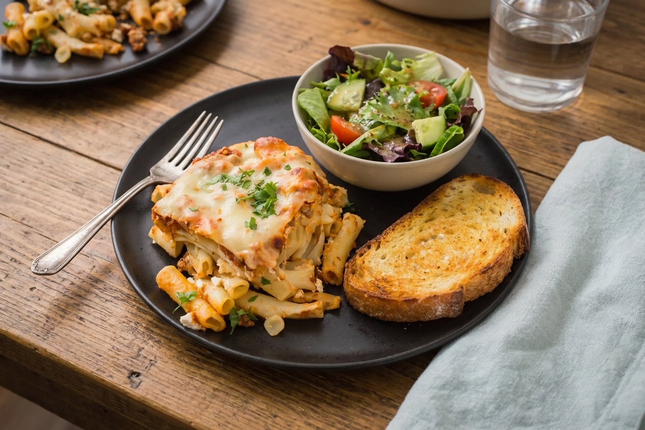 A plated serving of tomato pasta bake with a green salad and a piece of toasted bread on a dinner table