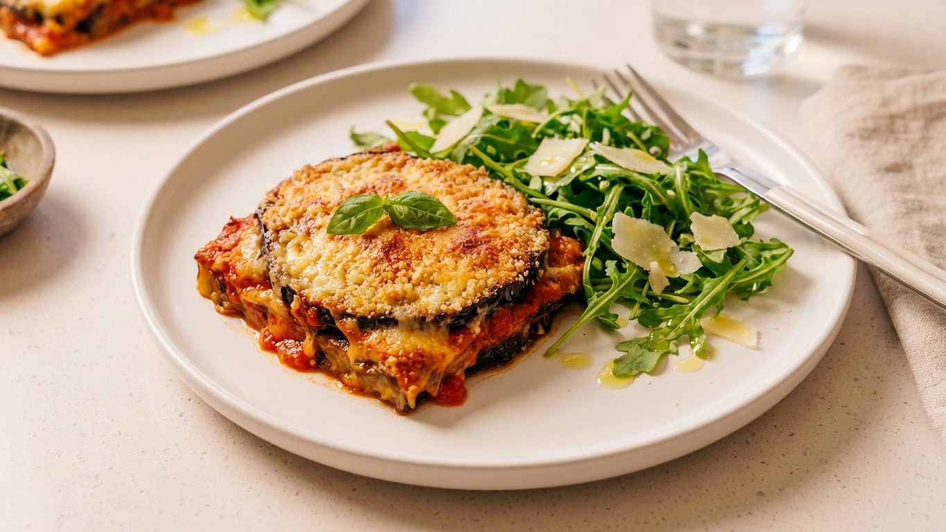 A plated square of eggplant Parmesan with a side of arugula salad on a simple ceramic plate at a dinner table