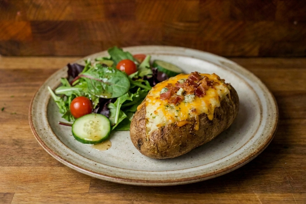 A plated twice-baked potato with a browned cheesy top alongside a simple green salad on a ceramic dinner plate