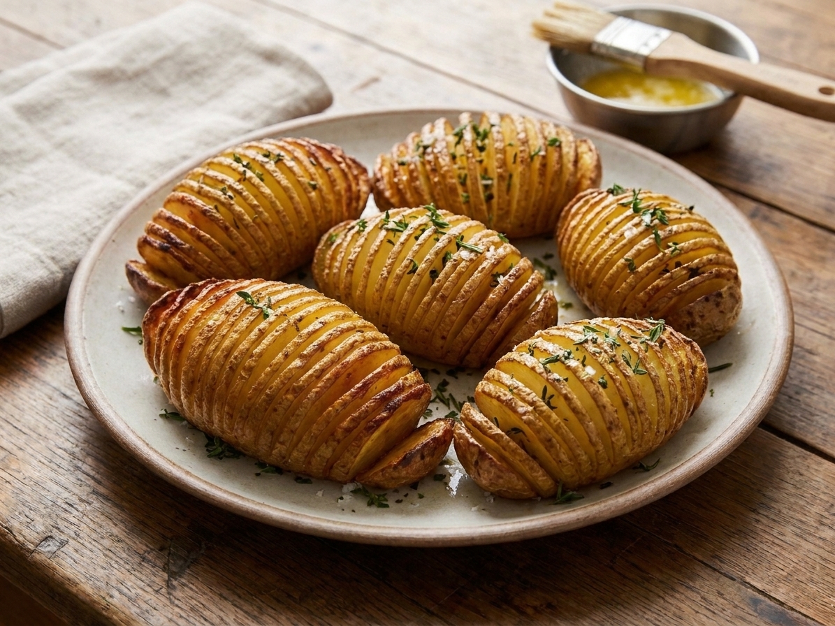 A platter of hasselback potatoes garnished with chopped herbs, the slices fanned and crisp