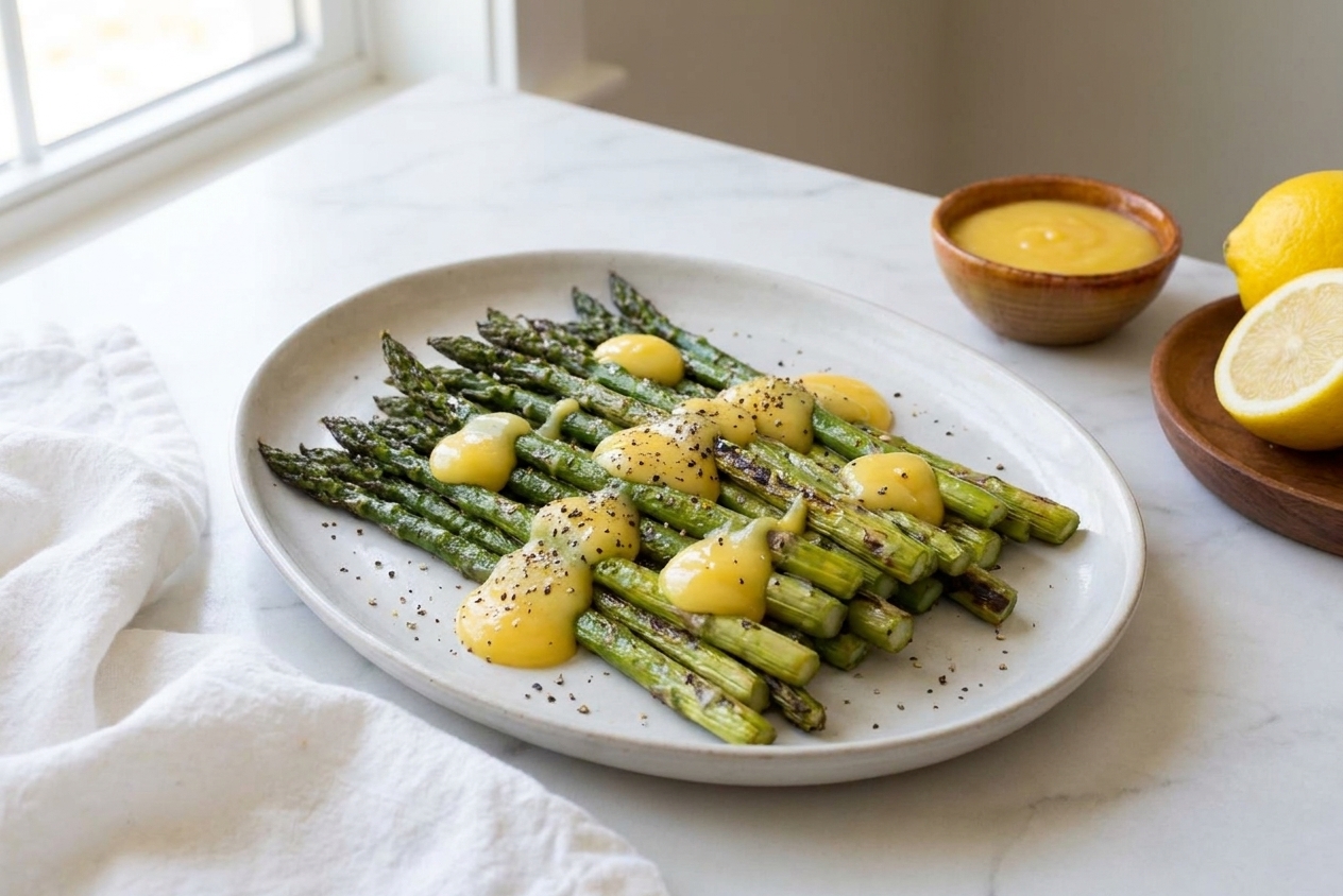 A platter of roasted asparagus topped with small spoonfuls of savory lemon curd and cracked black pepper