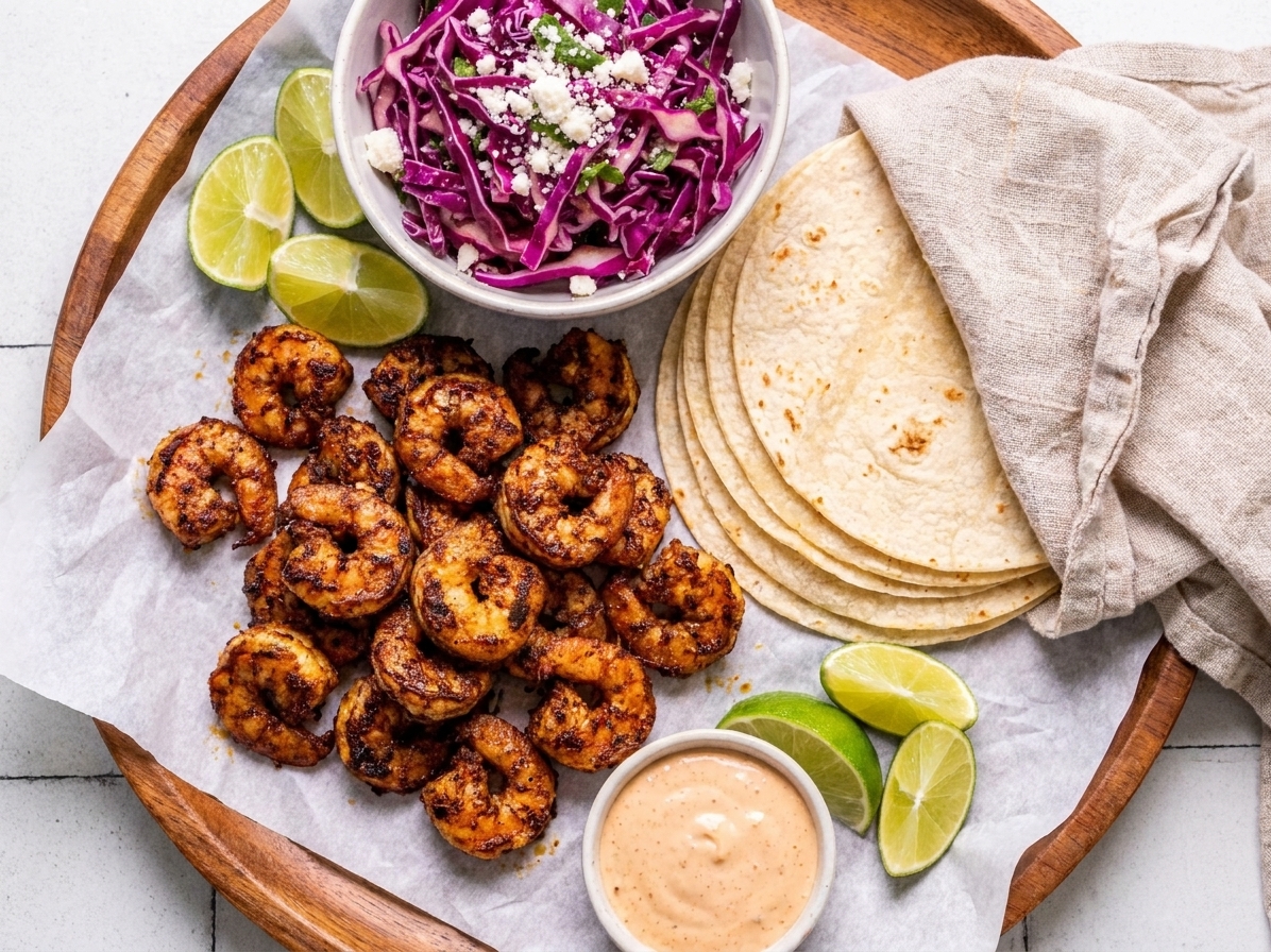 A platter with shrimp, warm tortillas wrapped in a towel, cabbage slaw, sauce, and lime wedges set out for build-your-own tacos