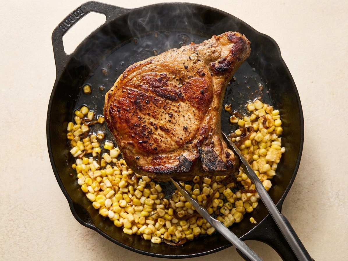 A pork chop being flipped in a cast iron skillet as the surface shows a dark golden crust