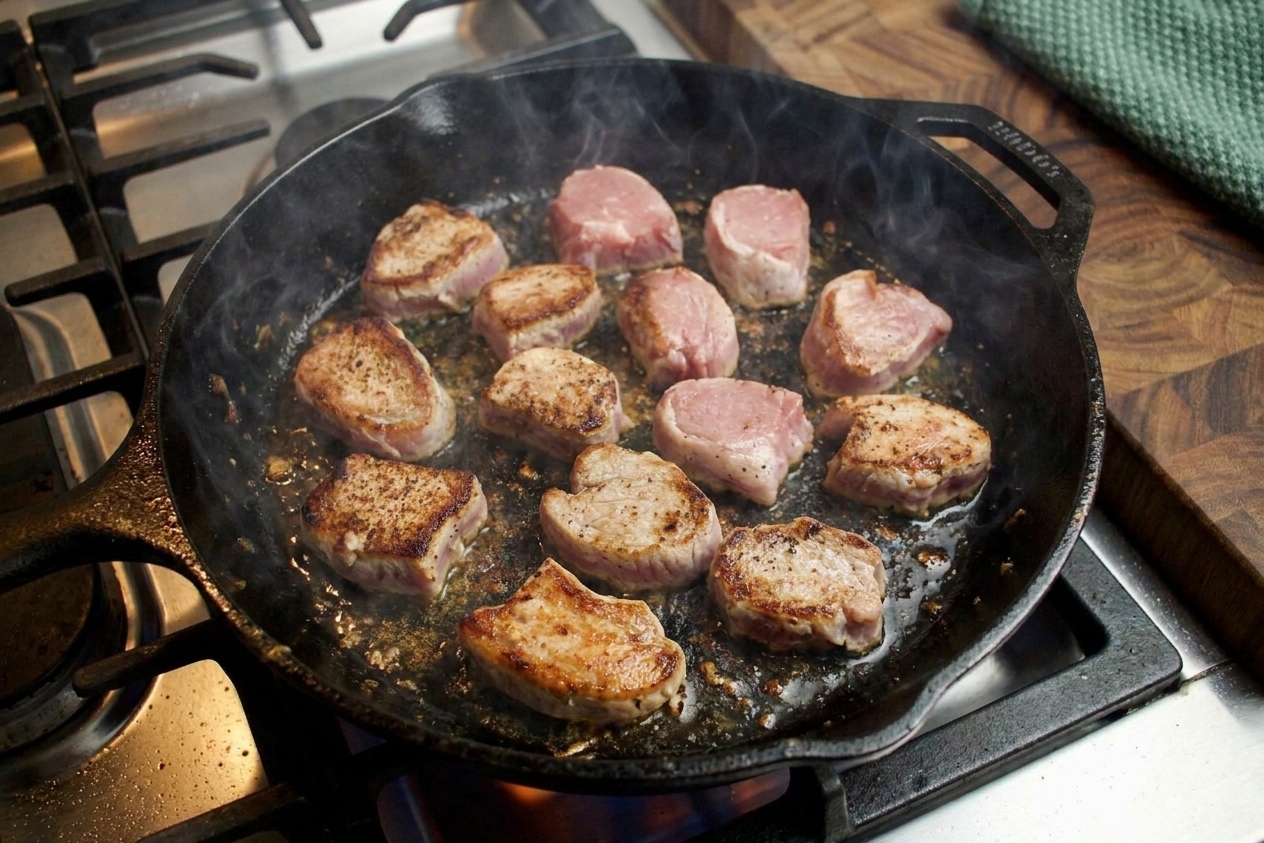 A pork tenderloin being seared in a hot skillet on a stovetop until browned