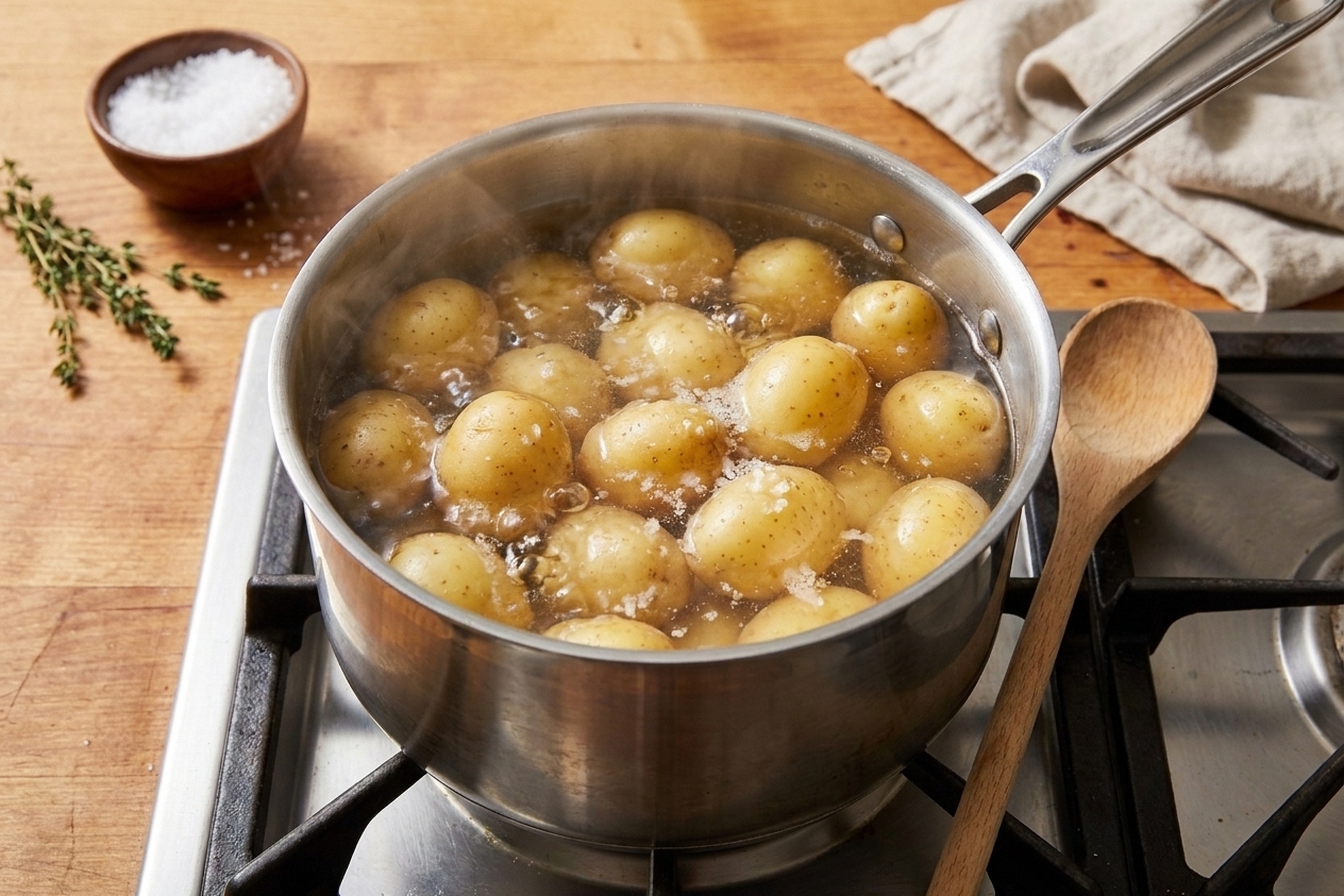 A pot of baby potatoes simmering in salted water on a stovetop