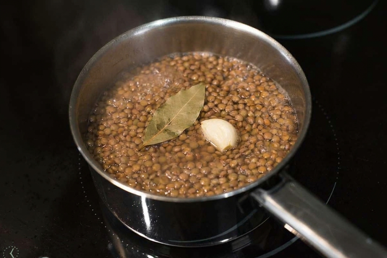 A pot of brown lentils simmering with a bay leaf and a peeled garlic clove floating on top