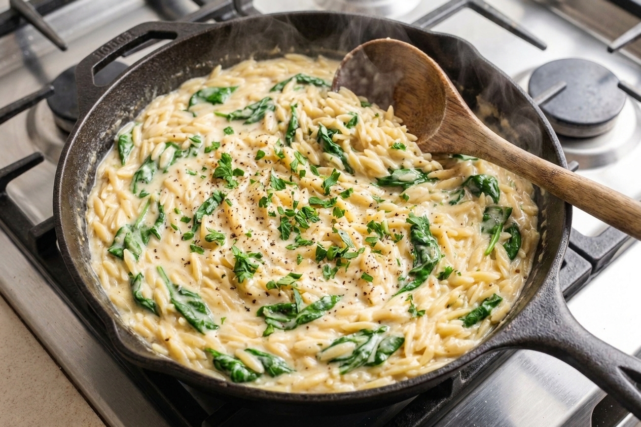 A pot of creamy orzo simmering with wilted spinach, a ladle resting on the rim, steam rising