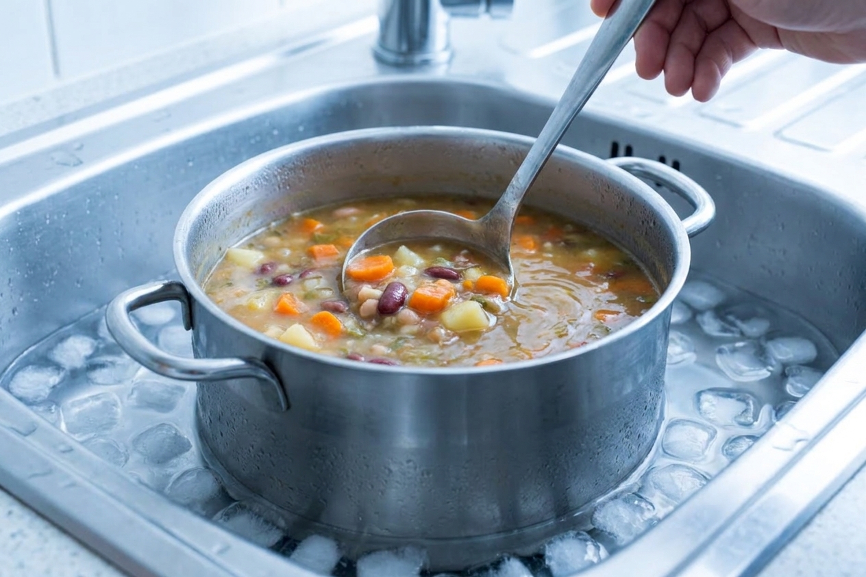 A pot of soup sitting in a sink filled with ice water while the soup is stirred with a ladle to cool it quickly