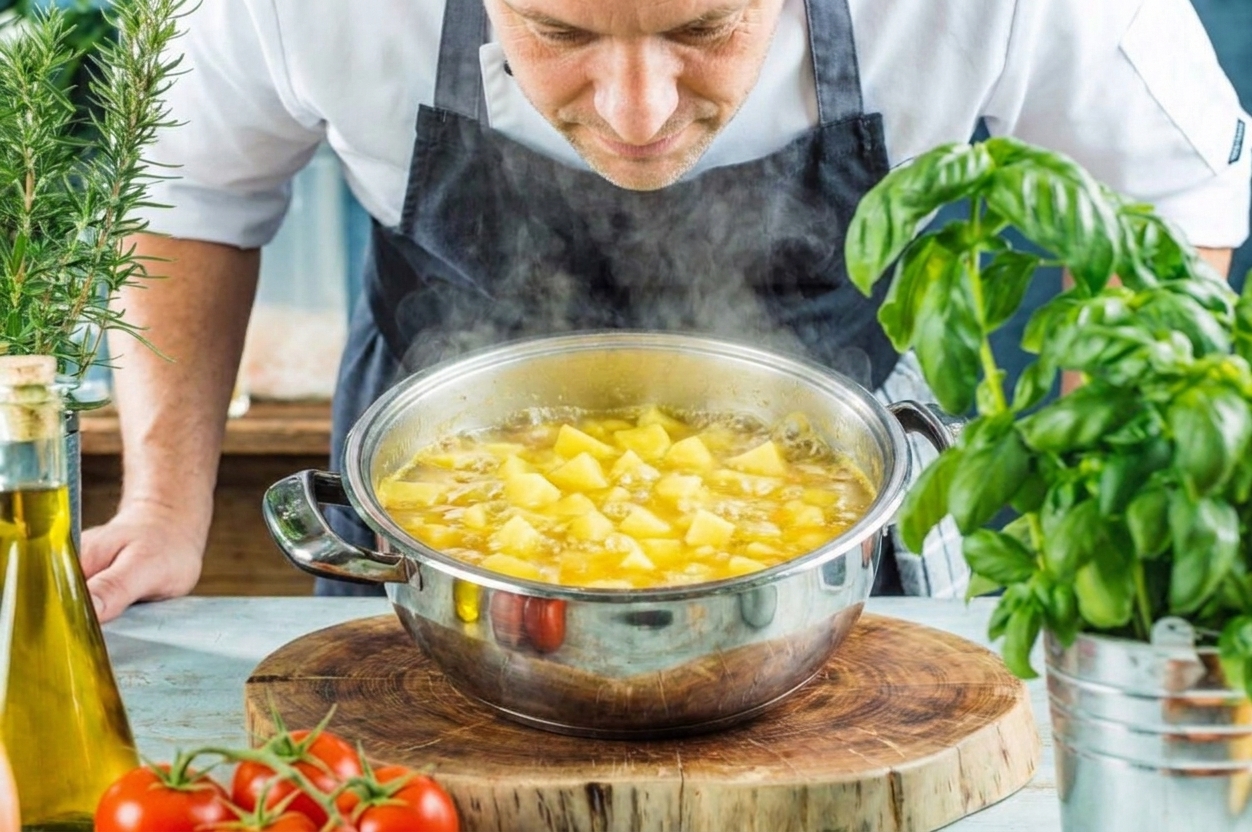 A pot of soup with diced yellow potatoes cooking in broth, bubbles breaking at the surface