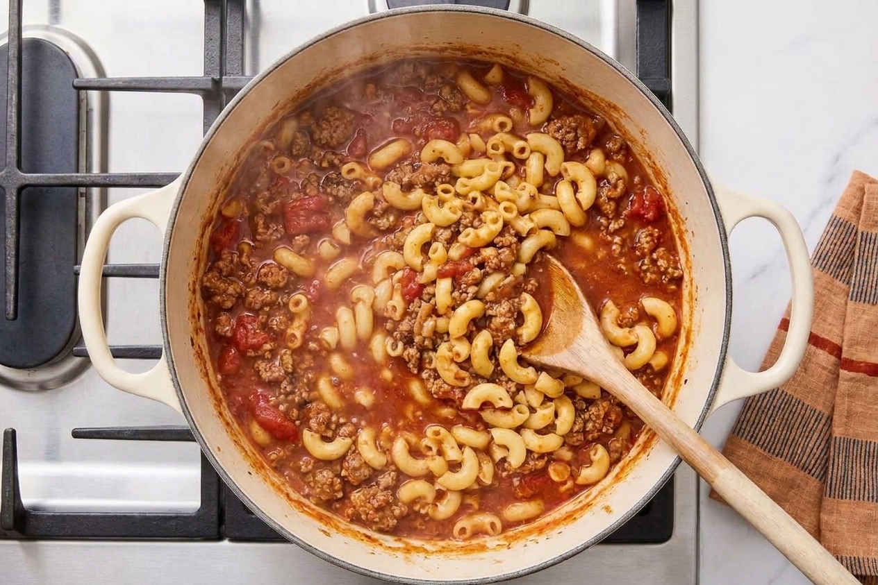 A pot of tomato-beef sauce as elbow macaroni is being stirred in with a wooden spoon, steam rising from the pot