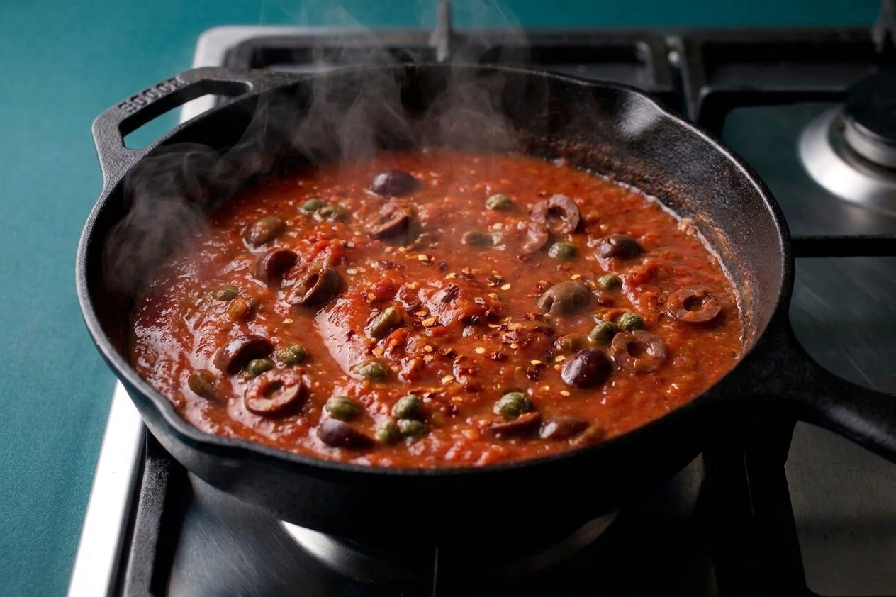A pot of tomato sauce with sliced olives and capers stirred in, steam rising