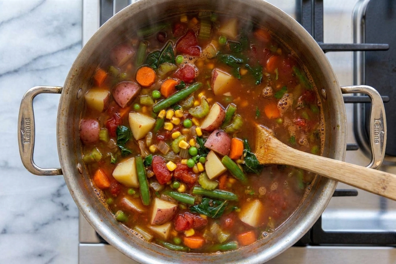 A pot of vegetable soup gently simmering on the stove with visible potatoes, carrots, beans, and greens