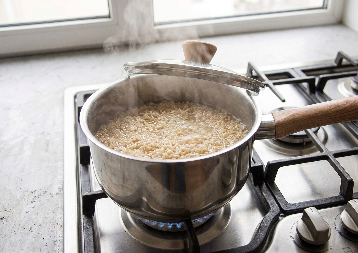 A pot on the stove with brown rice gently simmering, lid slightly ajar and steam rising