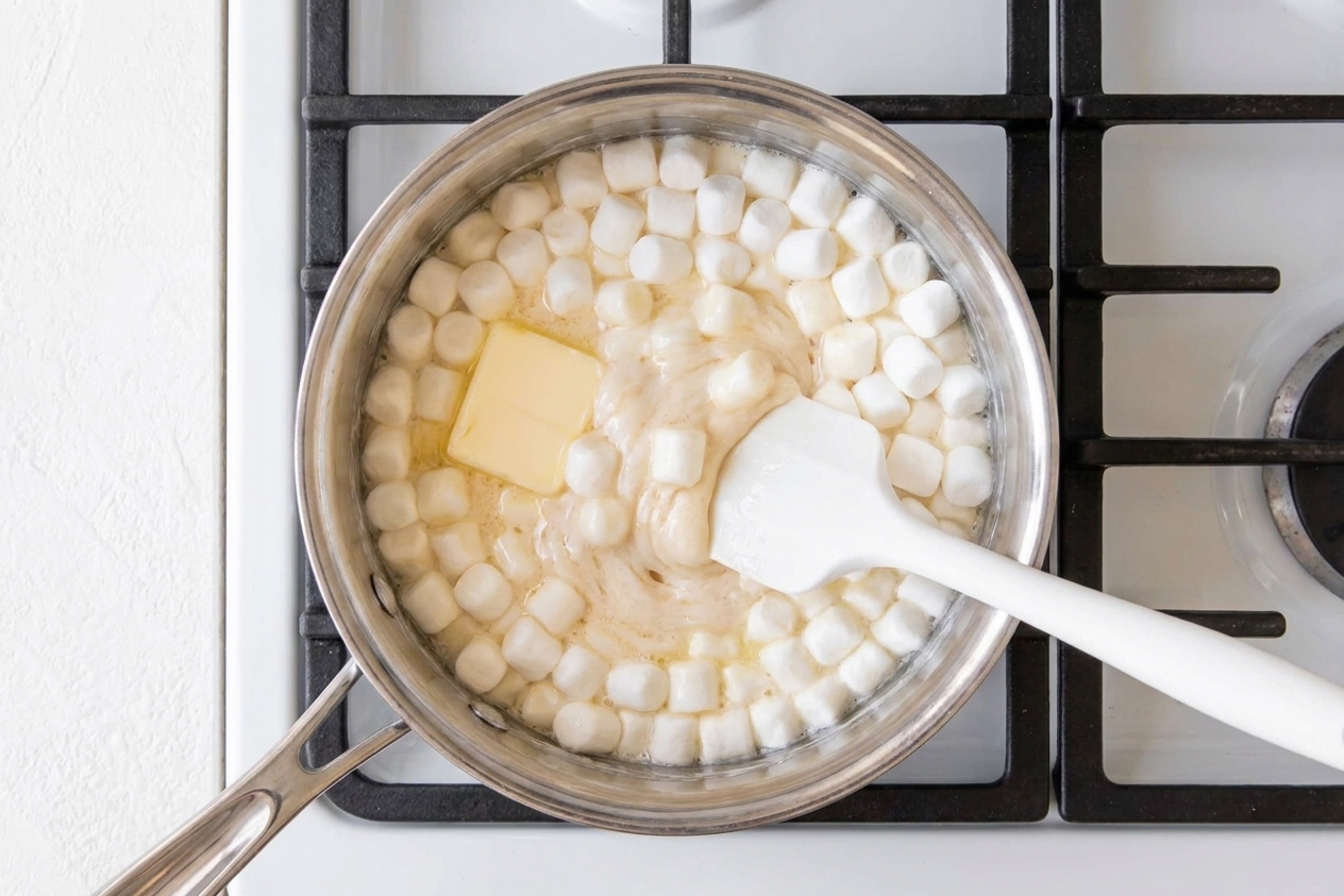 A pot on the stovetop with melted marshmallows and butter being stirred with a rubber spatula