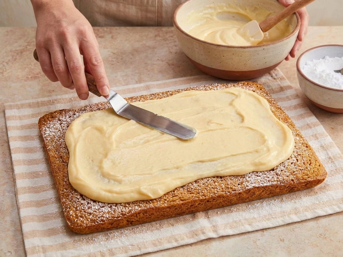 A pumpkin sheet cake unrolled on a towel with cream cheese filling being spread evenly with an offset spatula
