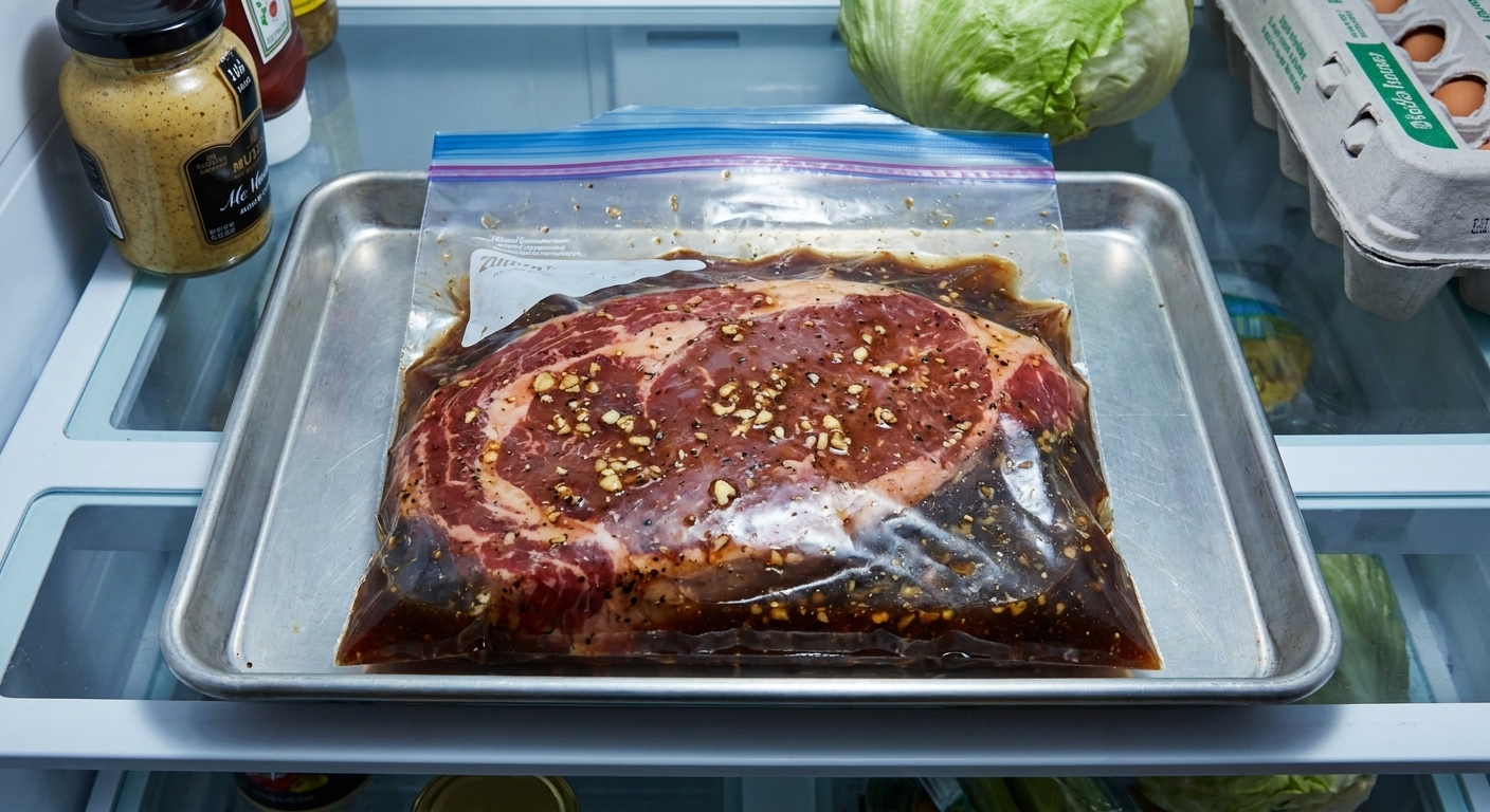 A raw London broil steak in a zip-top bag with marinade, lying flat on a rimmed baking sheet in a refrigerator