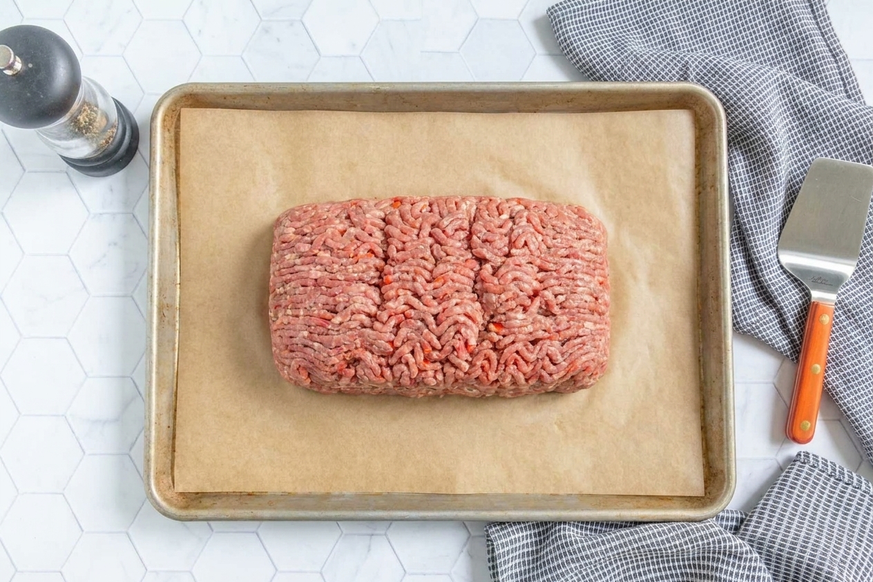 A raw meatloaf mixture shaped into an even loaf on a parchment-lined baking sheet