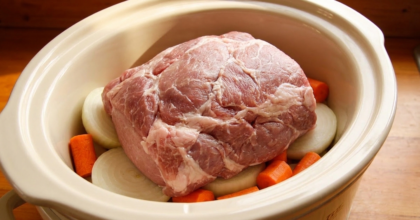 A raw pork roast sitting on top of sliced onions and carrot chunks inside a ceramic slow cooker insert