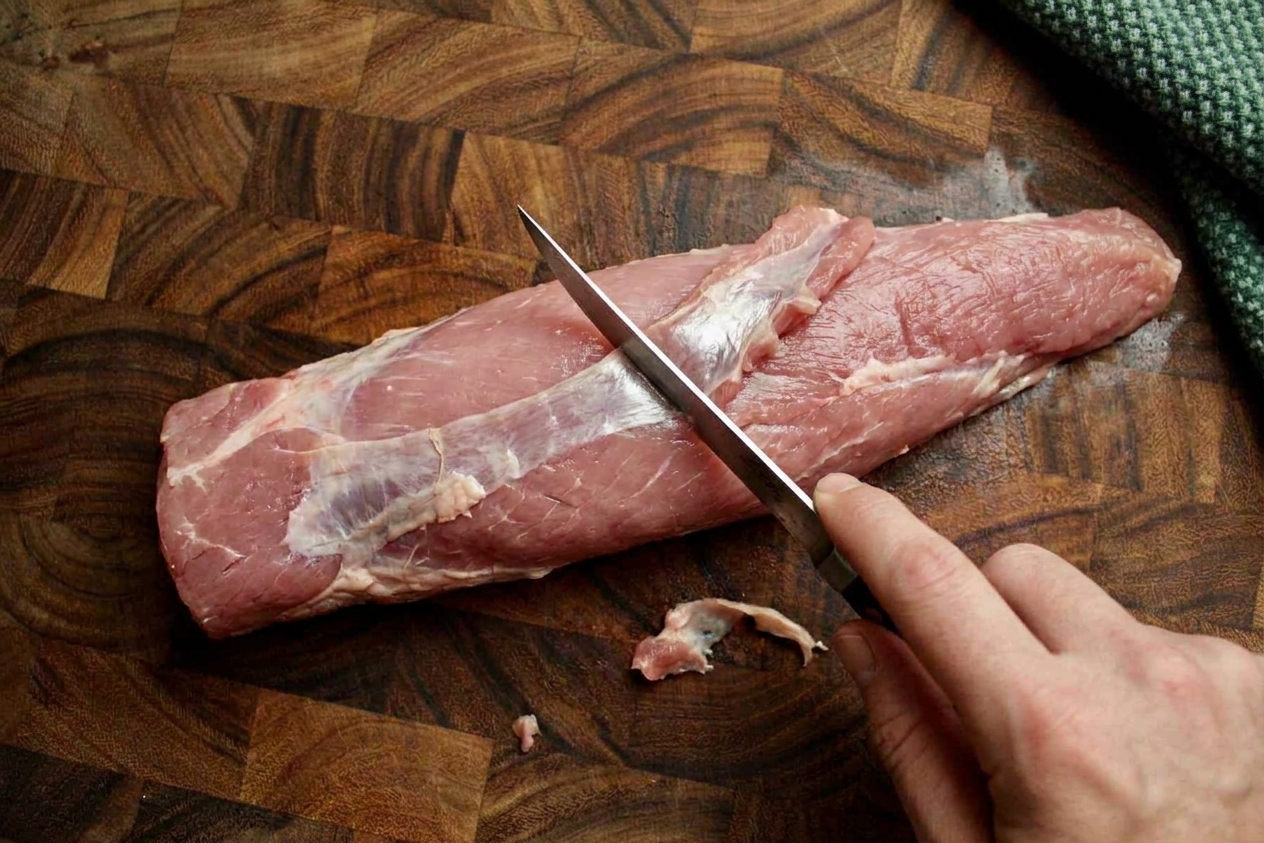 A raw pork tenderloin on a wooden cutting board while the silver skin is trimmed away with a small knife