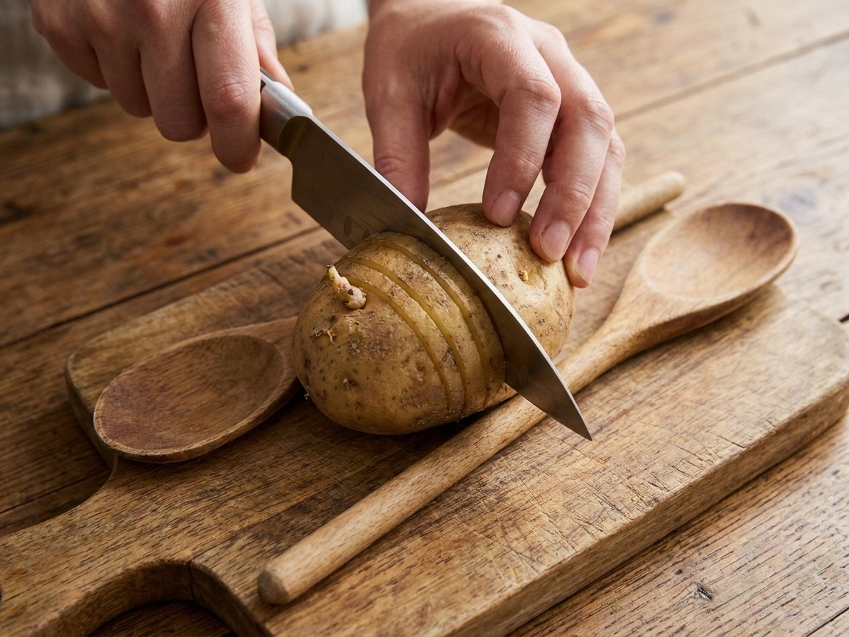 A raw potato set between two wooden spoon handles on a cutting board while a chef's knife makes thin slices, stopping before cutting through