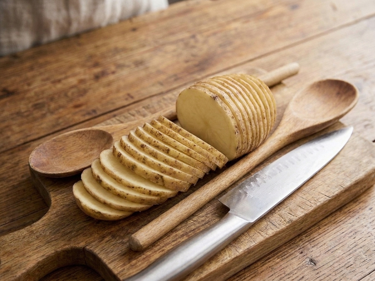 A raw potato sliced all the way through into separate rounds on a cutting board, showing what happens when hasselback cuts go too deep