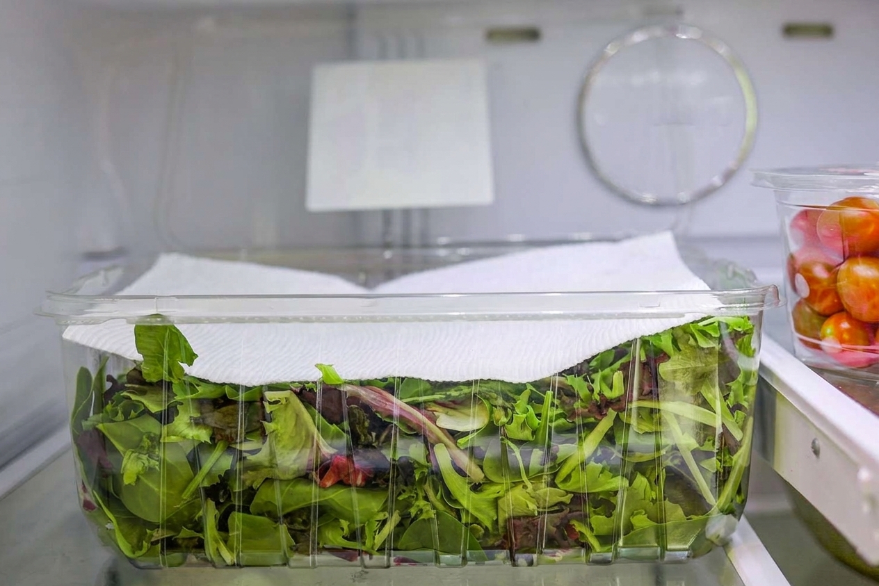 A rectangular food storage container lined with paper towels and filled with dry romaine and spinach leaves