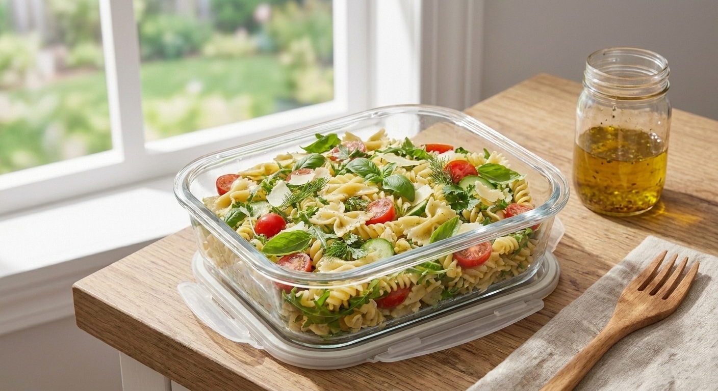 A rectangular glass meal prep container filled with fresh pasta salad and a small jar of extra vinaigrette beside it on a kitchen counter