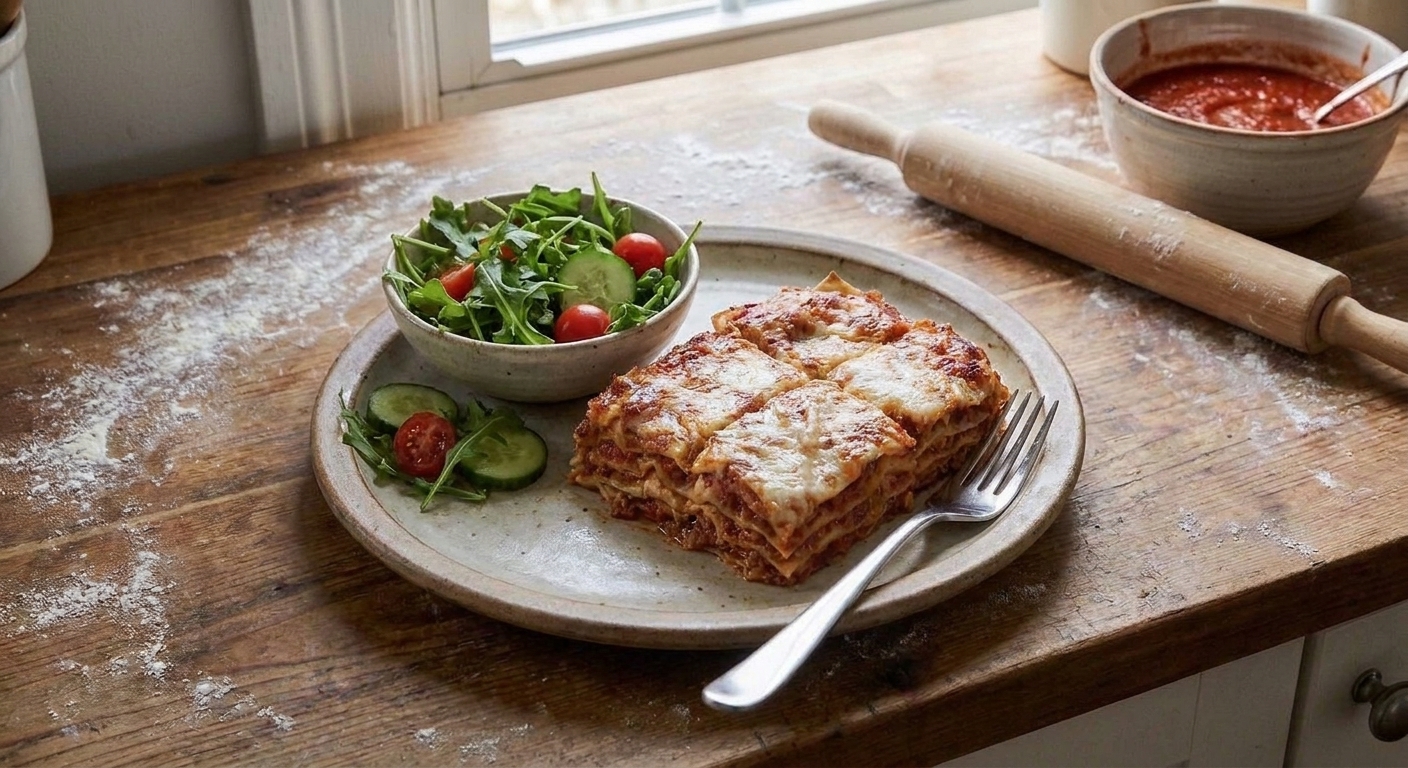 A reheated slice of lasagna on a ceramic plate with a fork and a simple green salad