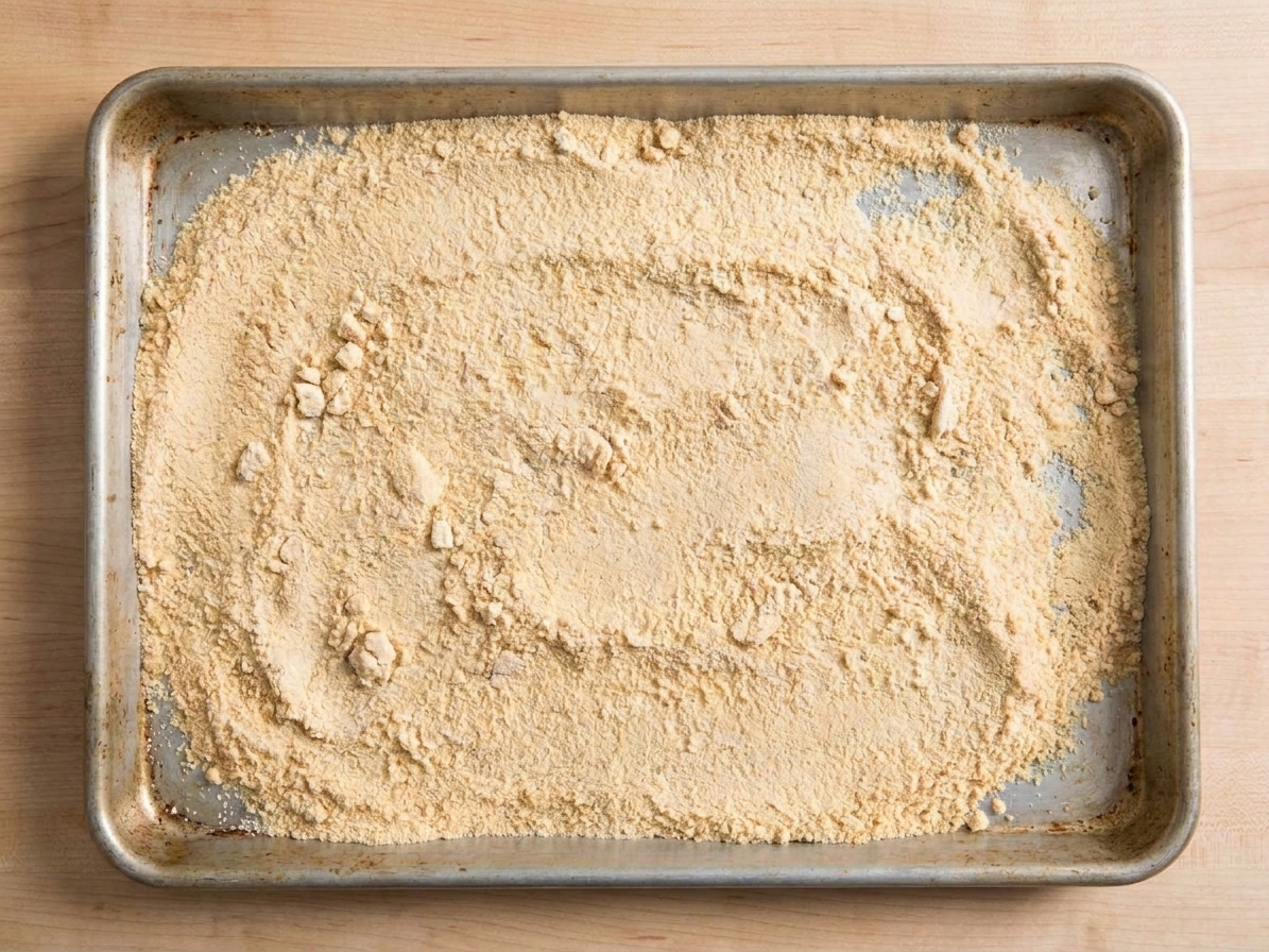 A rimmed baking sheet holding an even layer of flour cooling after being heat treated in the oven