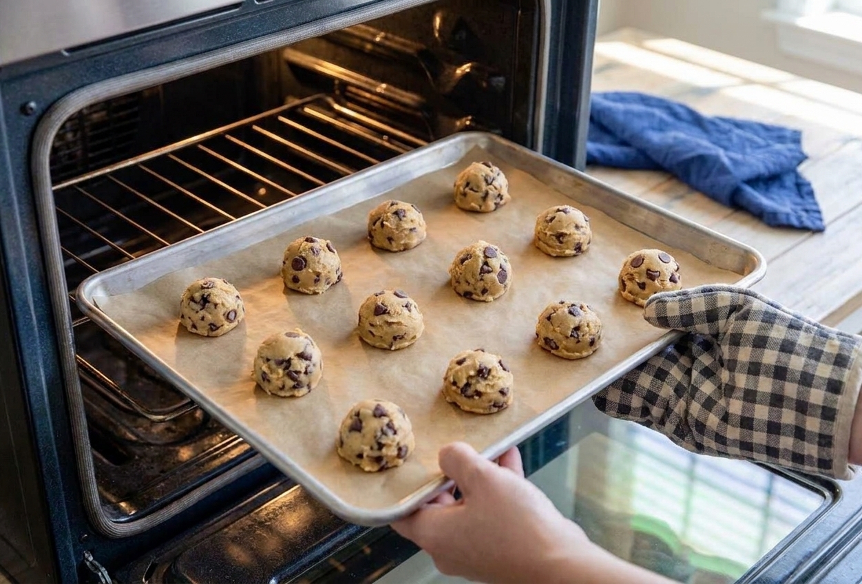 A rimmed baking sheet lined with parchment paper being slid into an oven on the middle rack