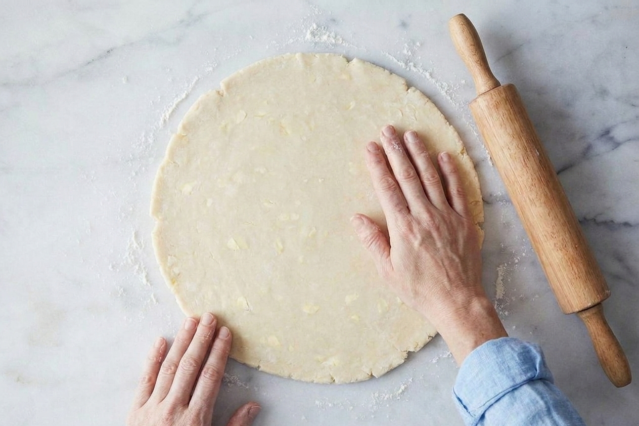 A rolled circle of pie dough on a lightly floured counter with a wooden rolling pin beside it