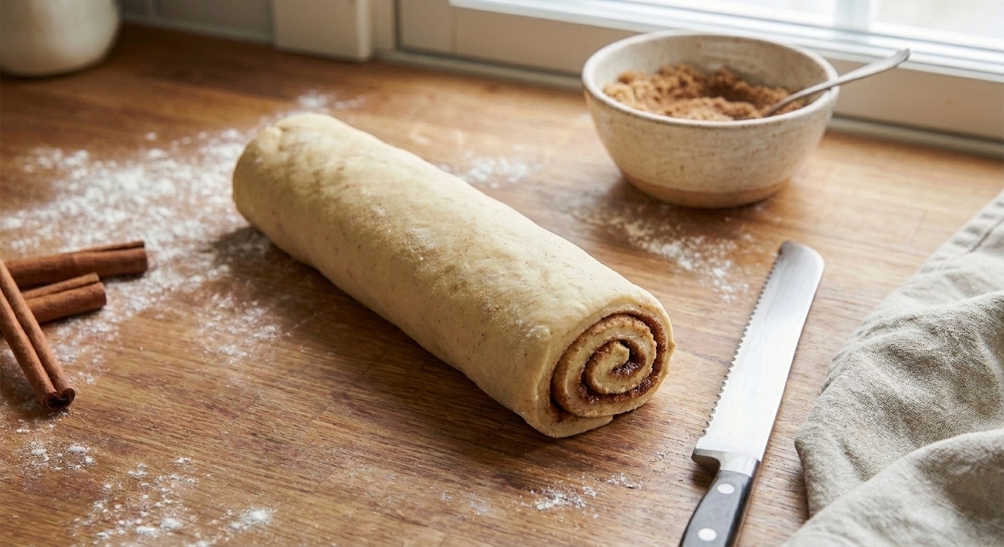 A rolled log of cinnamon roll dough on a lightly floured counter, ready to be sliced