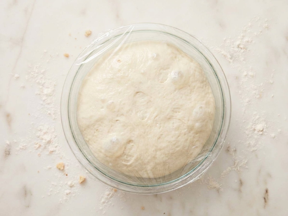 A round, puffy pizza dough rising in a covered glass bowl on a kitchen counter with soft natural light