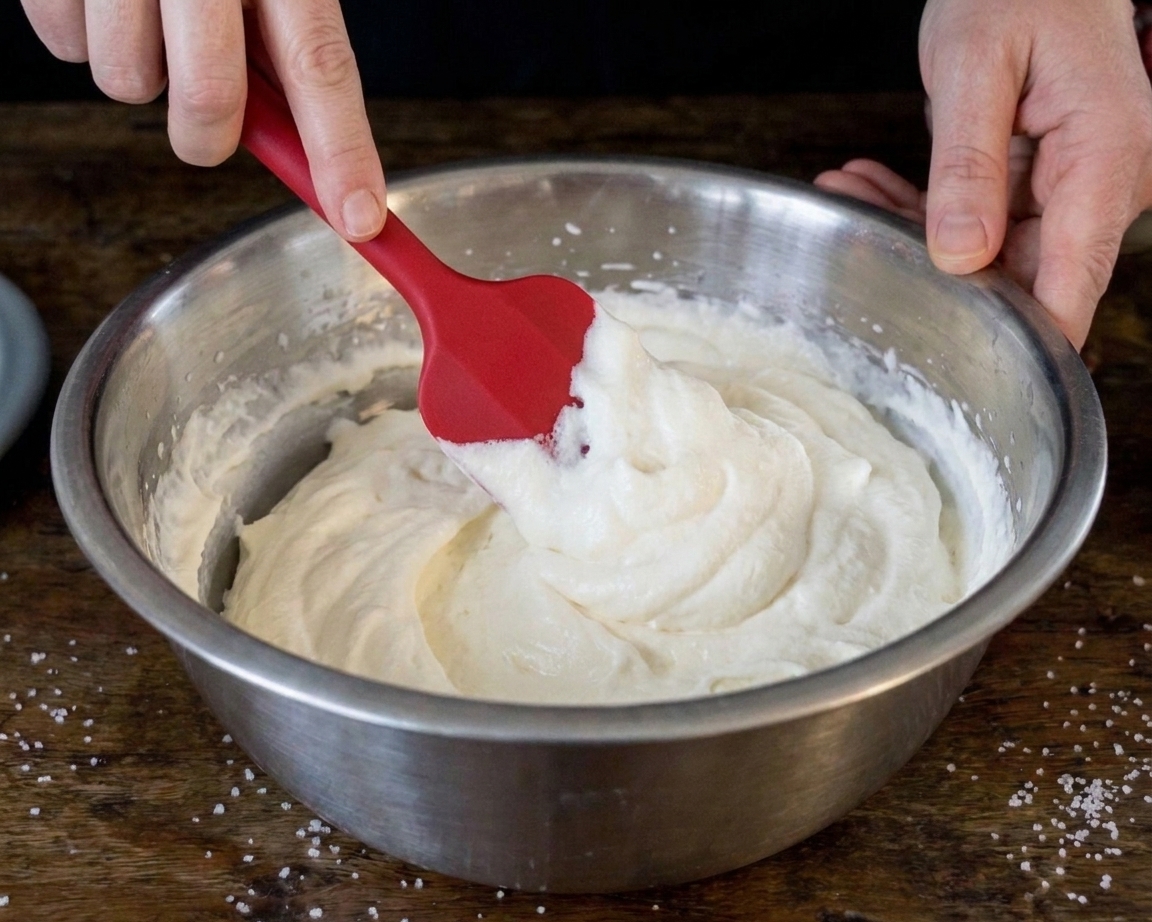 A rubber spatula folding whipped cream into a bowl of sweetened cream cheese mixture