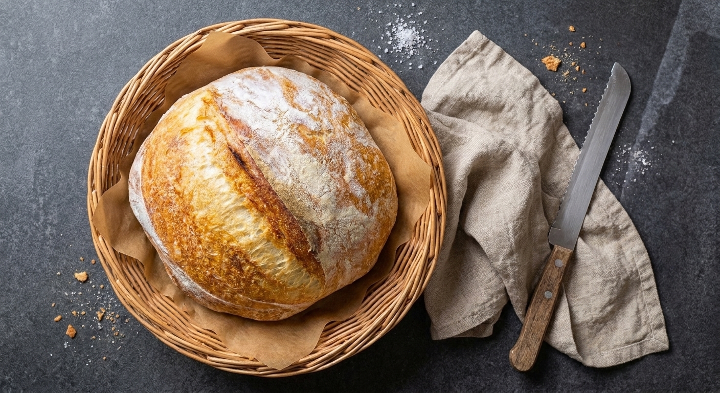 A rustic dinner table with a linen napkin, a bread knife, and a crusty loaf in a simple basket