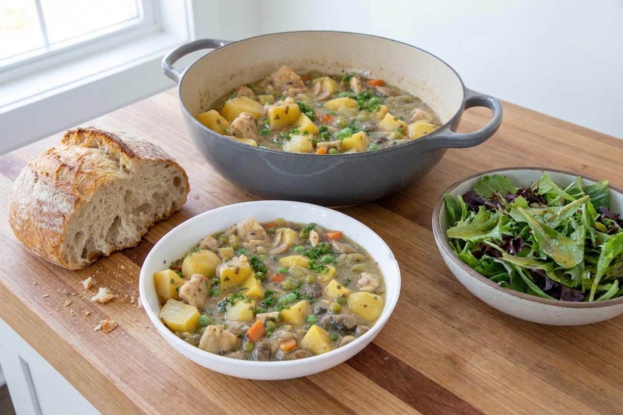 A rustic table setting with a bowl of chicken stew, a torn piece of crusty bread, and a simple green salad beside it