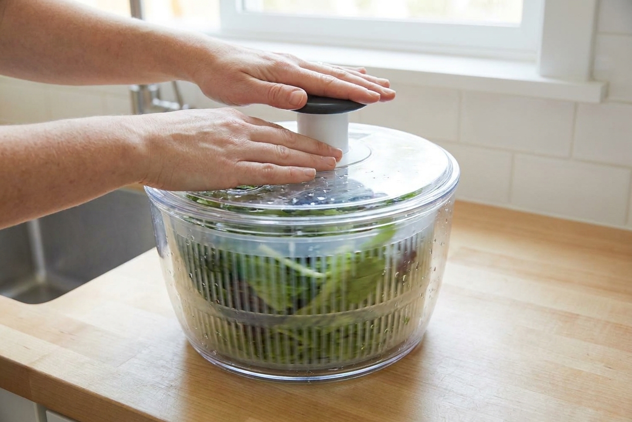 A salad spinner basket filled with rinsed lettuce being spun dry on a kitchen counter