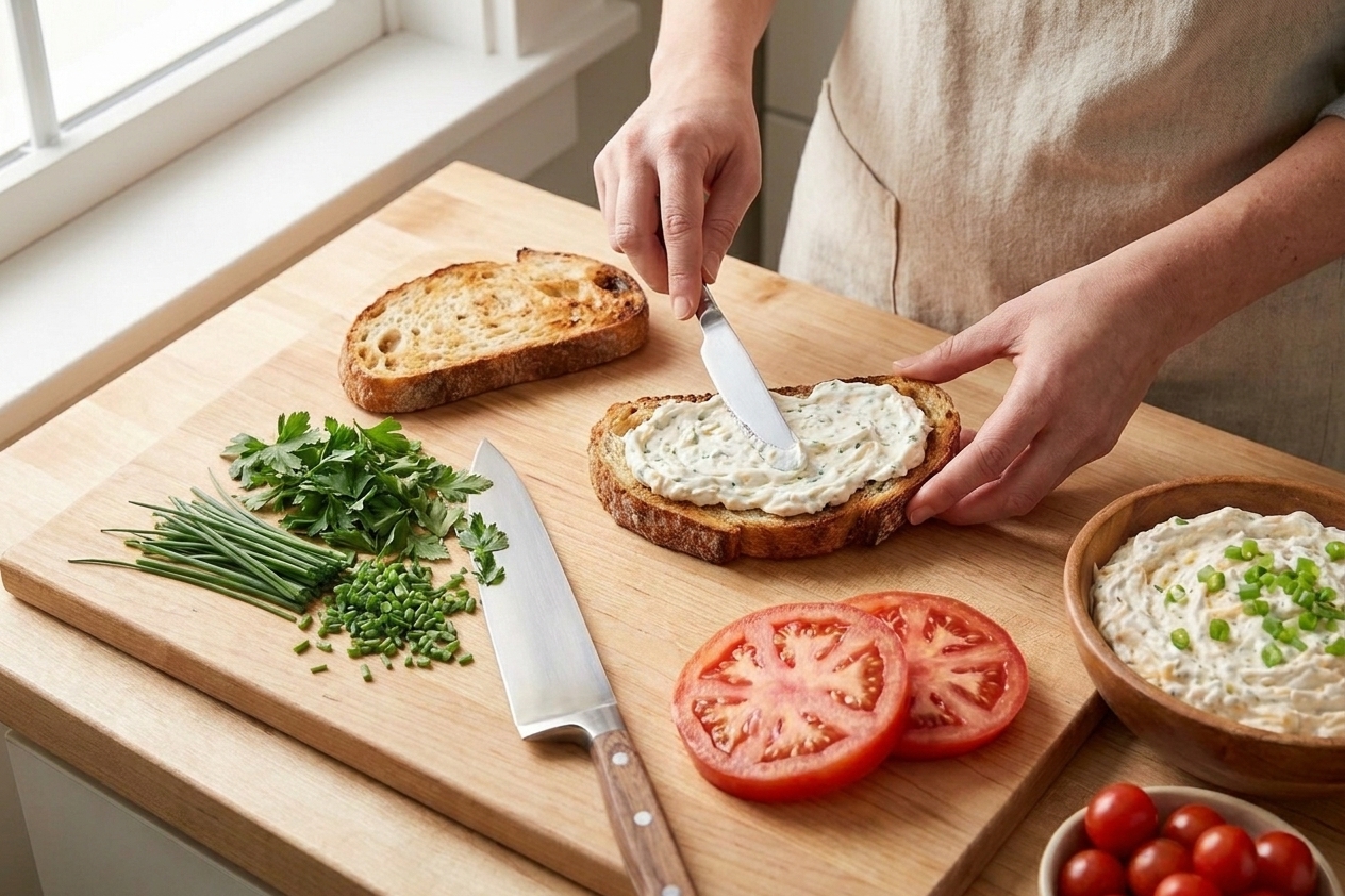 A sandwich being assembled on a cutting board with ranch dip spread on bread and sliced tomatoes nearby