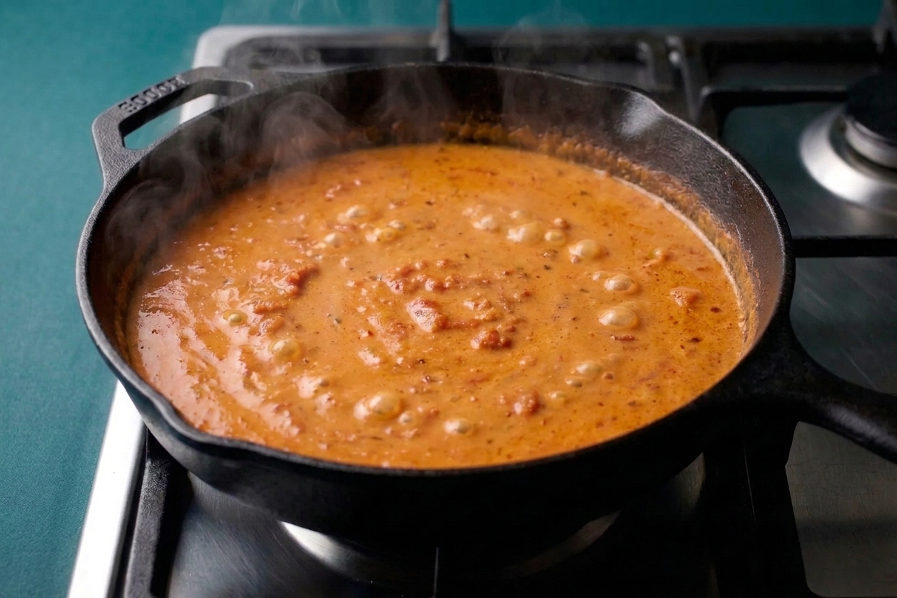 A saucepan of creamy orange coconut tomato sauce bubbling gently on the stove