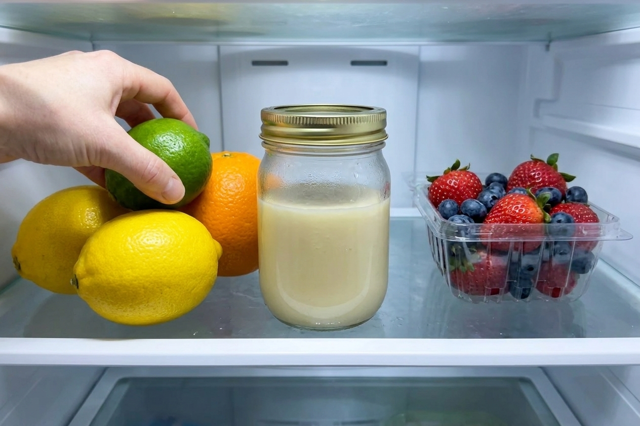 A sealed glass jar of condensed milk sitting on a refrigerator shelf next to fresh citrus and a small container of berries