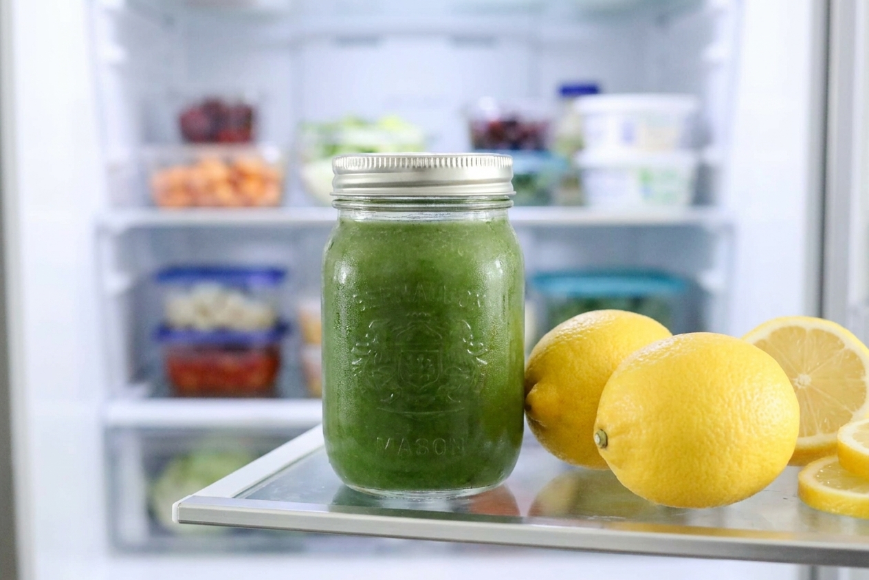 A sealed glass jar of green juice sitting on a refrigerator shelf next to fresh lemons
