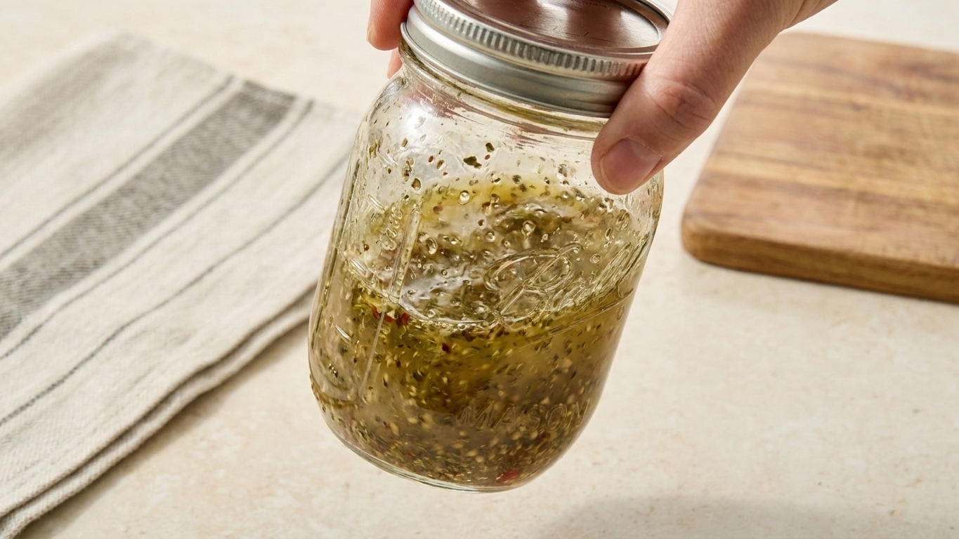 A sealed jar of Italian dressing being shaken so the oil and vinegar emulsify, with herbs visible through the glass