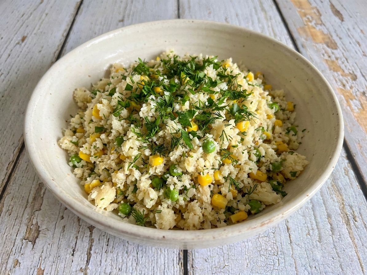 A serving bowl filled with buttery cauliflower rice topped with chopped herbs on a wooden table