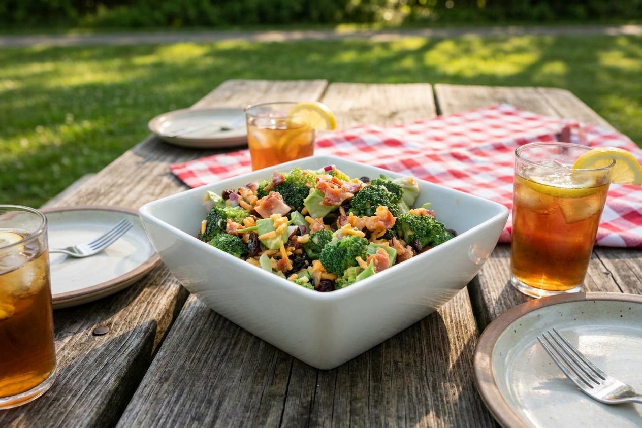 A serving bowl of broccoli salad with bacon on an outdoor picnic table alongside plates and iced drinks